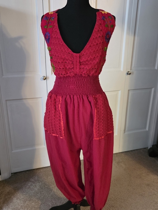 Pants - Boho Embroidered Harem Jumpsuit | Red Crochet Lace | Festival Romper | One Size